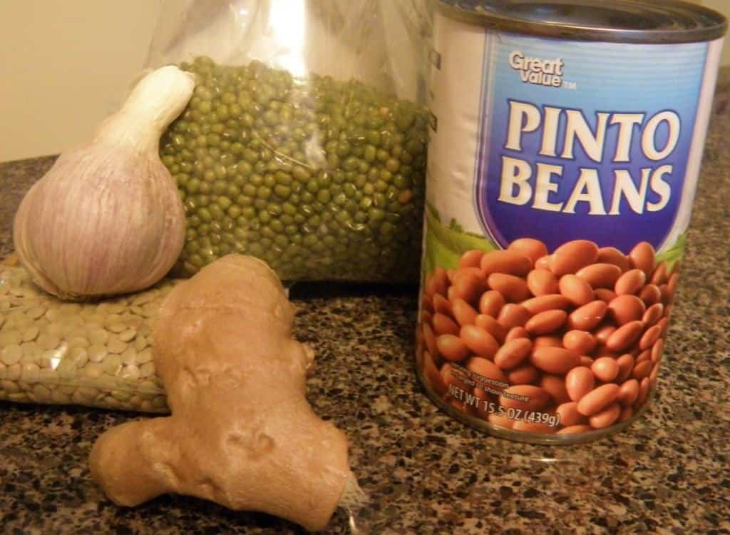 Moong Beans and Pinto Beans and ingredients to make curry
