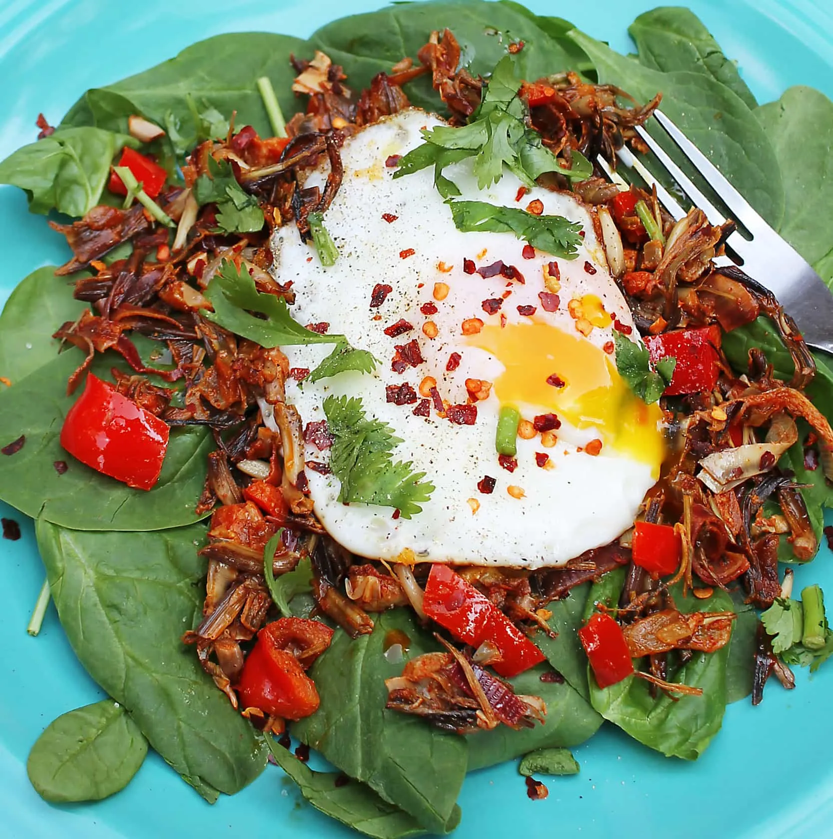 BANANA FLOWER STIR FRY with egg and spinach