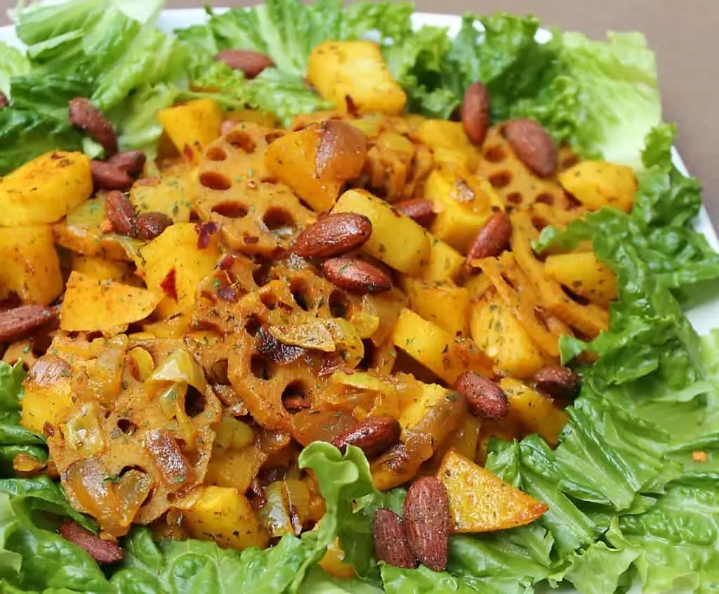 Lotus root and jicama sauteed salad with almonds