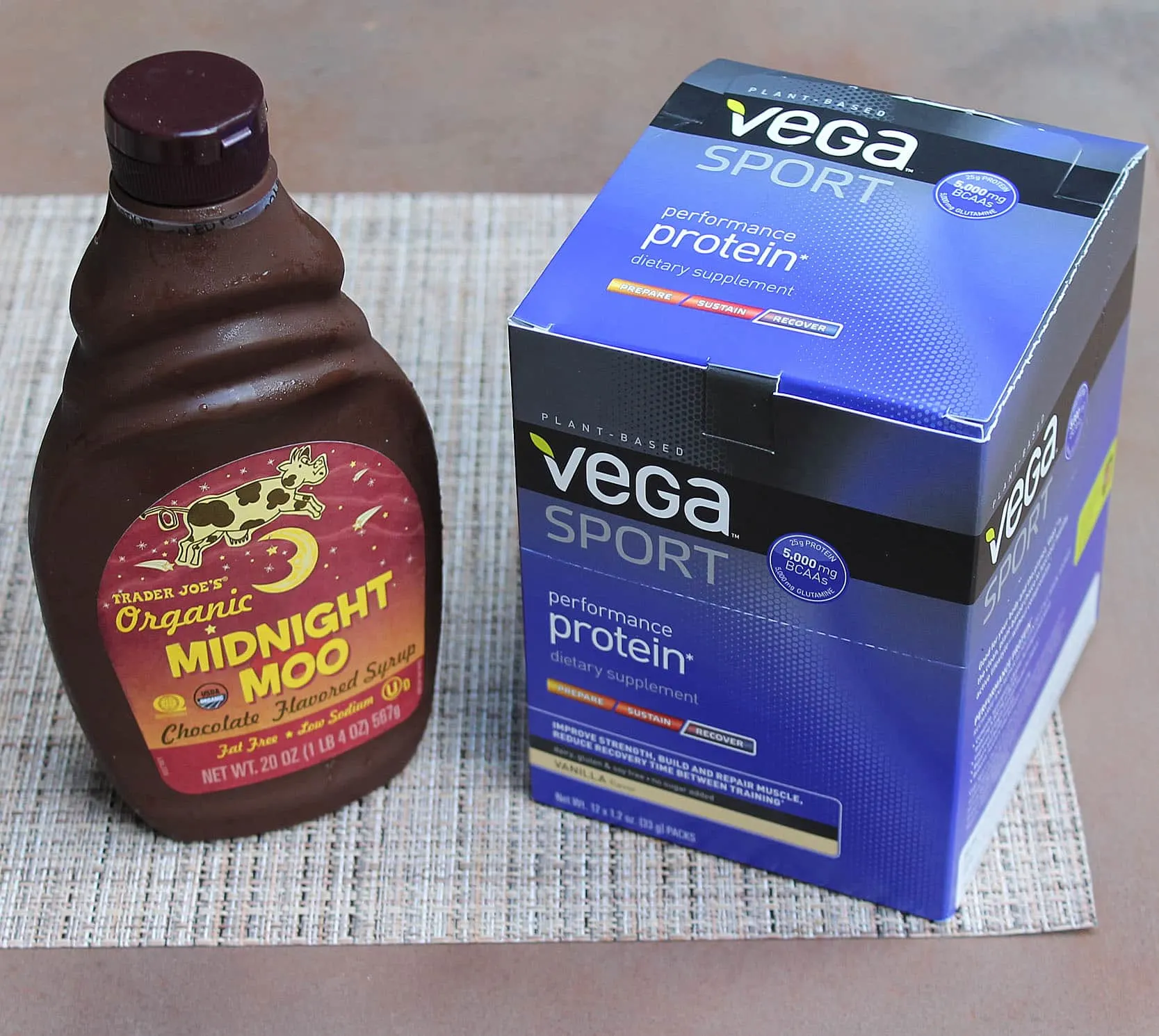 Vega Performance protein and chocolate syrup