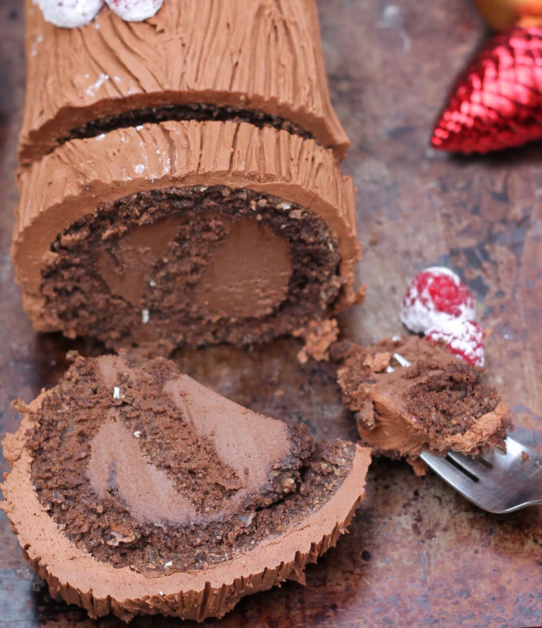 Keto Yule Log With Sugar-Free Chocolate Ganache Frosting