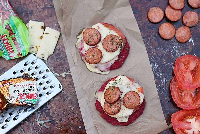 Beet-Mini-Pizzas-Cabot-RecipeRedux-Andouille-Tomato-Pepper Jack-@RunninSrilankan