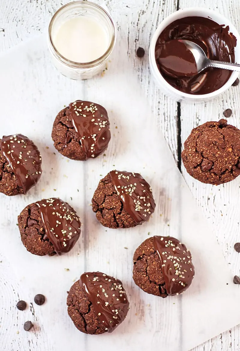 A Little Chocolate Never Hurts- overhead photo of mocha breakfast cookies dipped in chocolate!