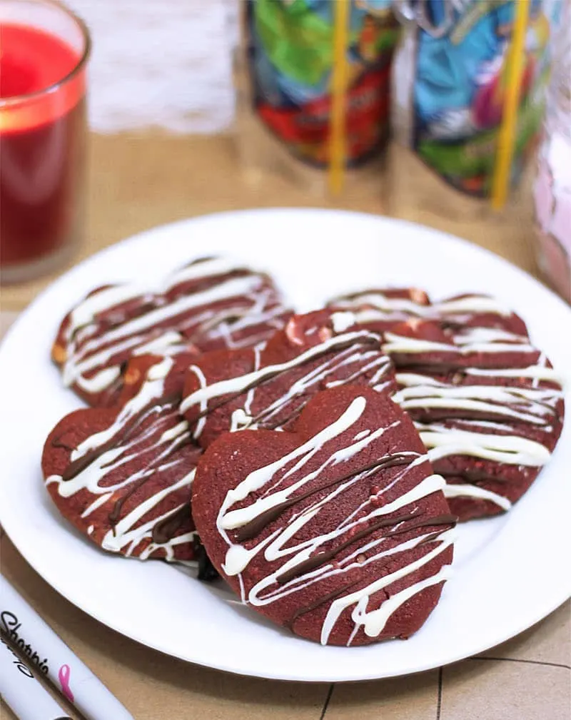 Plate of Red Velvet Chocolate Chip Cookies