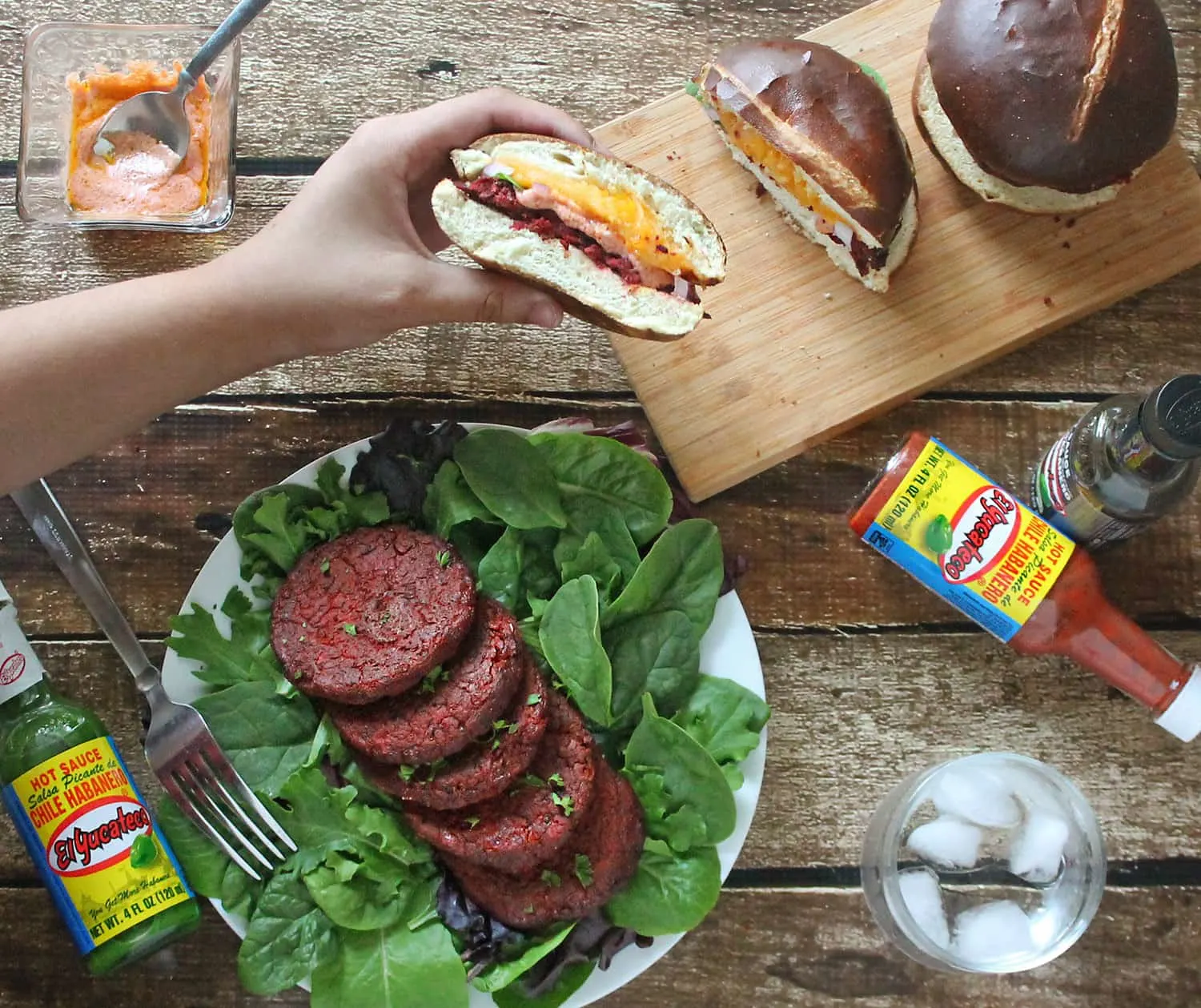 Beet & Bean Burgers with El Yucateco Hot Sauce