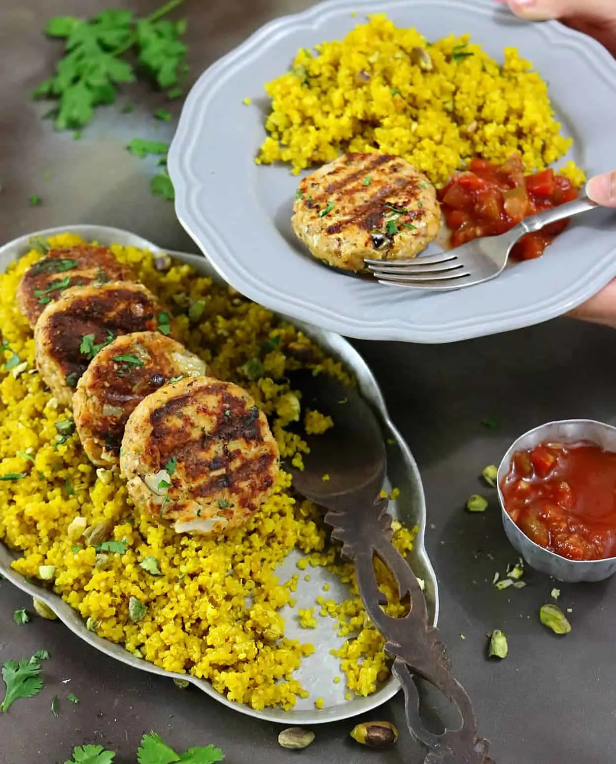 Broth & Salsa Flavored Salmon Burgers with Turmeric Quinoa #BlockPartyHero #ad