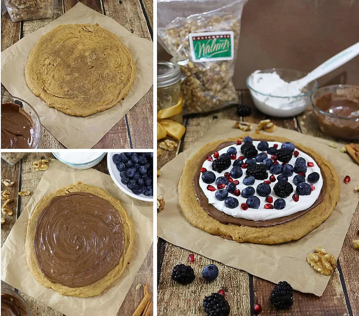 Walnut Coconut Cookie Cake with chocolate, berries, pomegranate arils, and coconut whipped cream - also gluten free