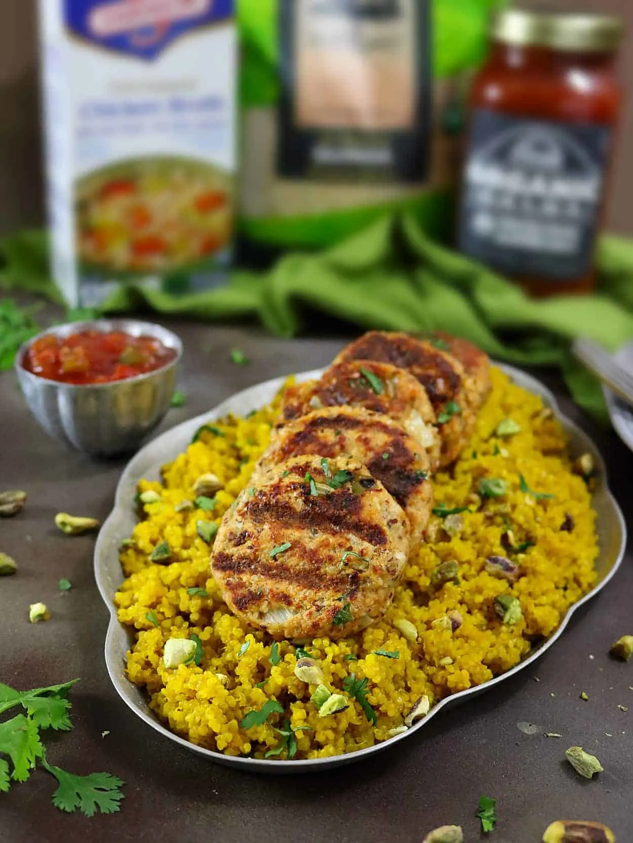 Broth & Salsa Flavored Salmon Burgers with Turmeric Quinoa #BlockPartyHero #ad