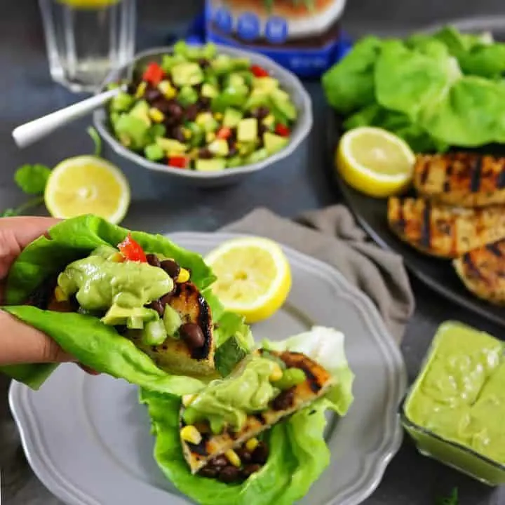 Pollock Burgers In Lettuce Wraps With Celery Avocado Salsa And Horseradish Sauce - Such a quick and tasty dinner!