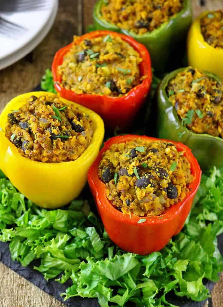 Quinoa Lentil & Black Bean Stuffed Peppers - Savory Spin