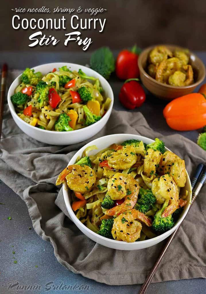 Rice Noodle, Shrimp & Veggie Coconut Curry Stir Fry - half curry, half stir fry, this recipe is sure to delight your tastebuds and it is a cinch to pull together! See the recipe at http://RunninSrilankan.com