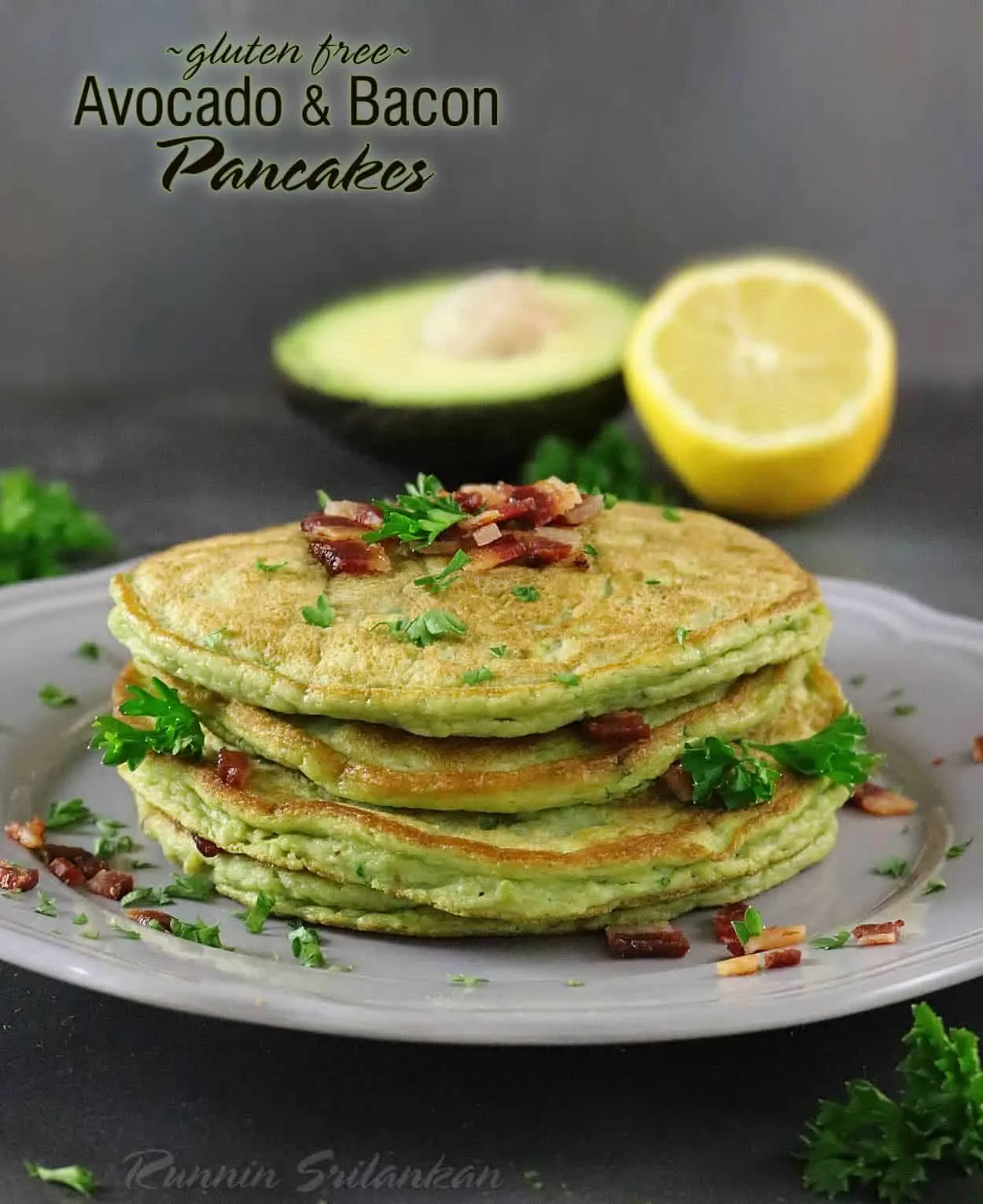 Avocado & Bacon Pancakes - The recipe for these delicious, gluten free, savory (no sugar) pancakes can be found at http://RunninSrilankan.com