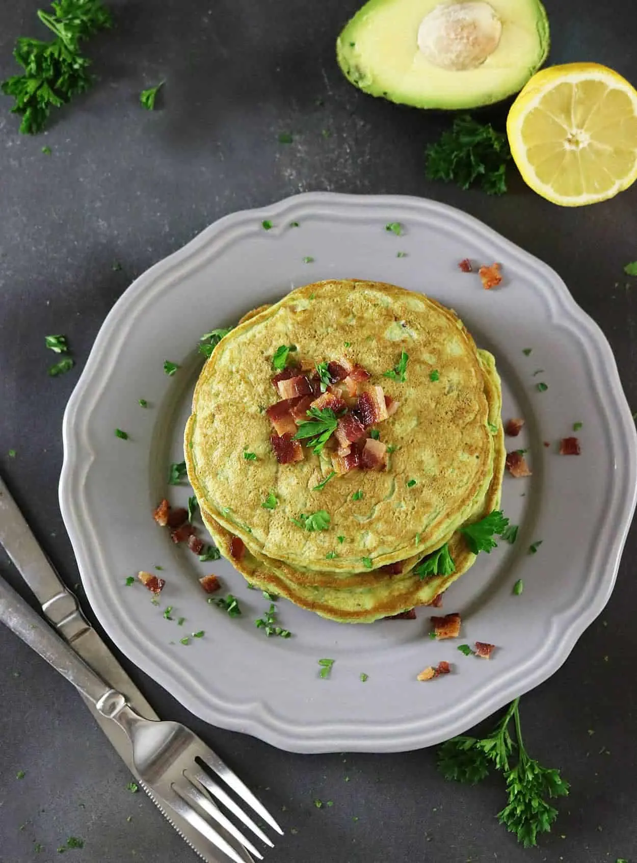 Avocado & Bacon Pancakes - The recipe for these delicious, gluten free, savory (no sugar) pancakes can be found at http://RunninSrilankan.com