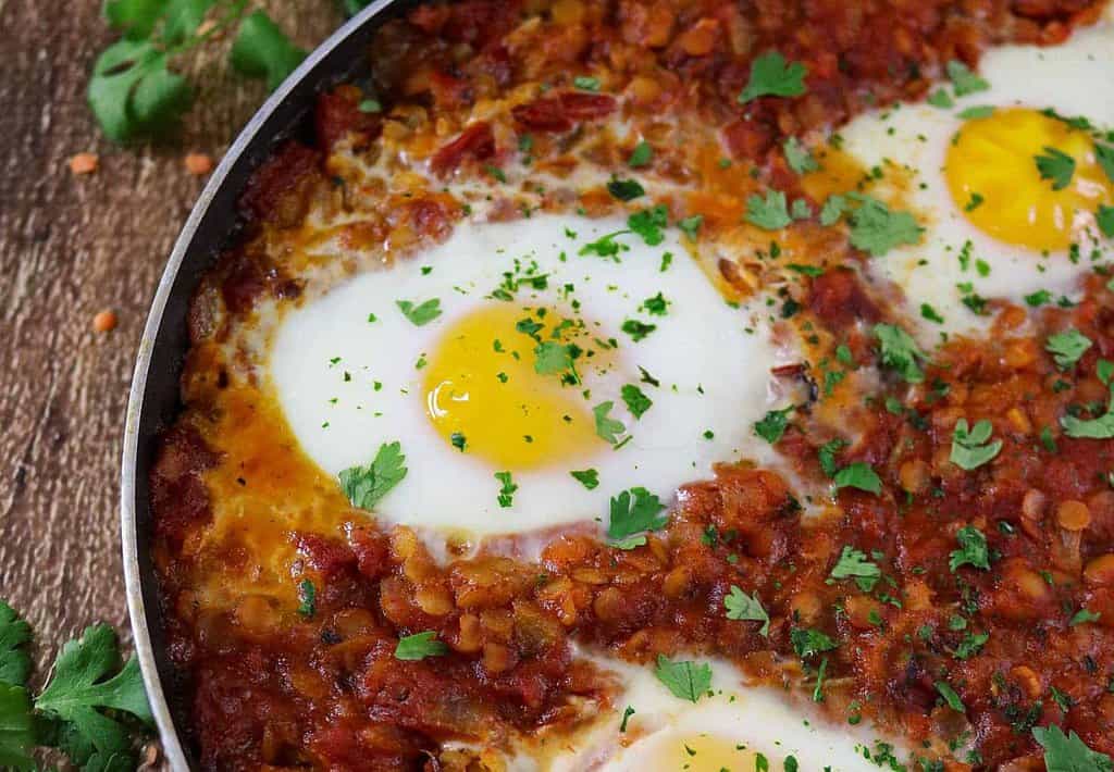 Lentil Shakshuka - a simple and hearty vegetarian dinner. Recipe can be found at http://RunninSrilankan.com