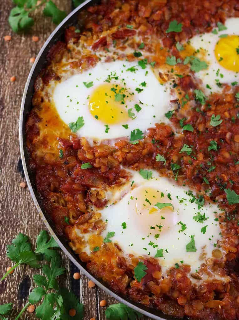 Lentil Shakshuka - a simple and hearty vegetarian dinner. Recipe can be found at http://RunninSrilankan.com