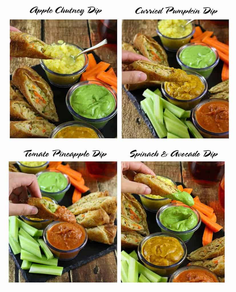 Girl's Night in with Van's Kitchen Egg Rolls and tomato pineapple dip, curried pumpkin dip, apple chutney dip and avocado spinach dip. #EggRollWithIt #ad