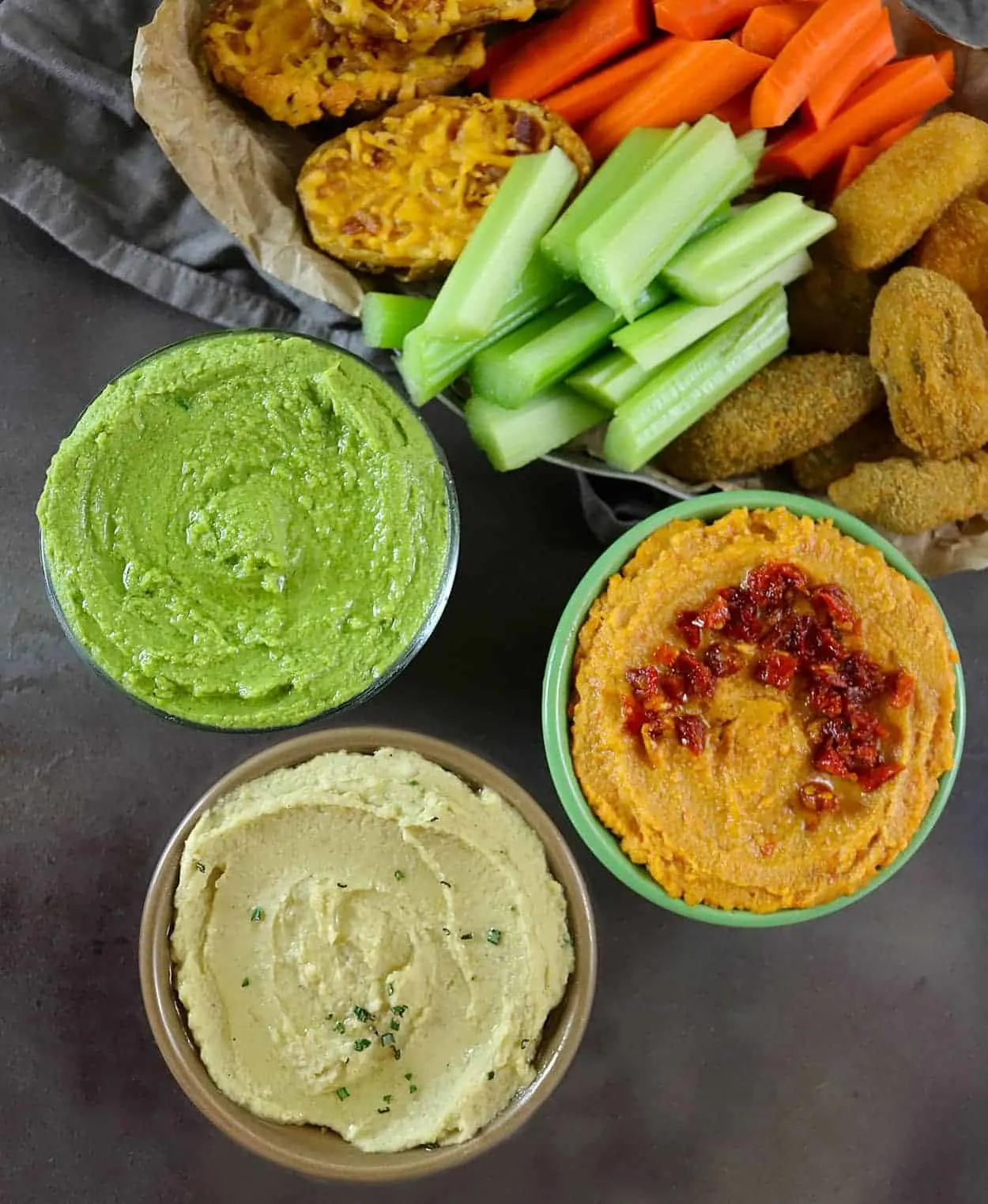 Tahini-Free Hummus Dips - 3 kinds: Avocado & Spinach Hummus, Sundried Tomato Hummus, and Rosemary & Garlic Hummus. Recipes at RunninSrilankan.com