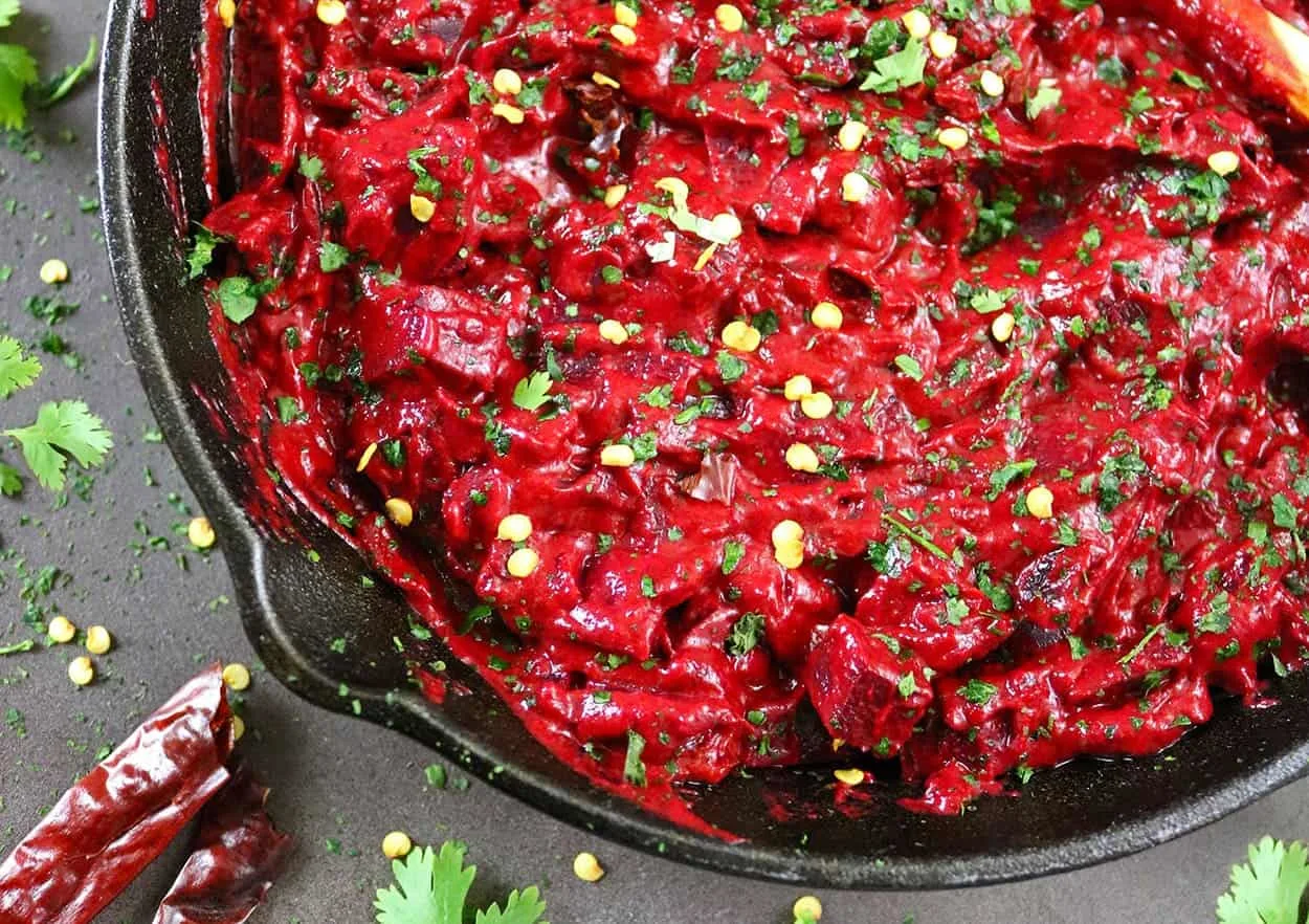 Quick And Easy Beetroot Curry with coconut milk making it velvety smooth. Recipe at RunninSrilankan.com