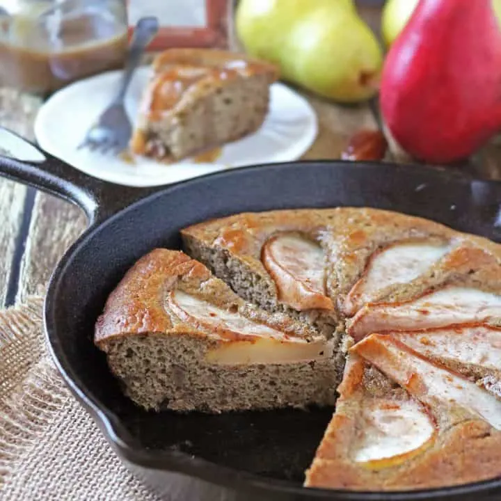 This Pear and Date Skillet Cake whips up in the Blender and is Gluten-Free, Refined Sugar-Free, and Dairy Free.