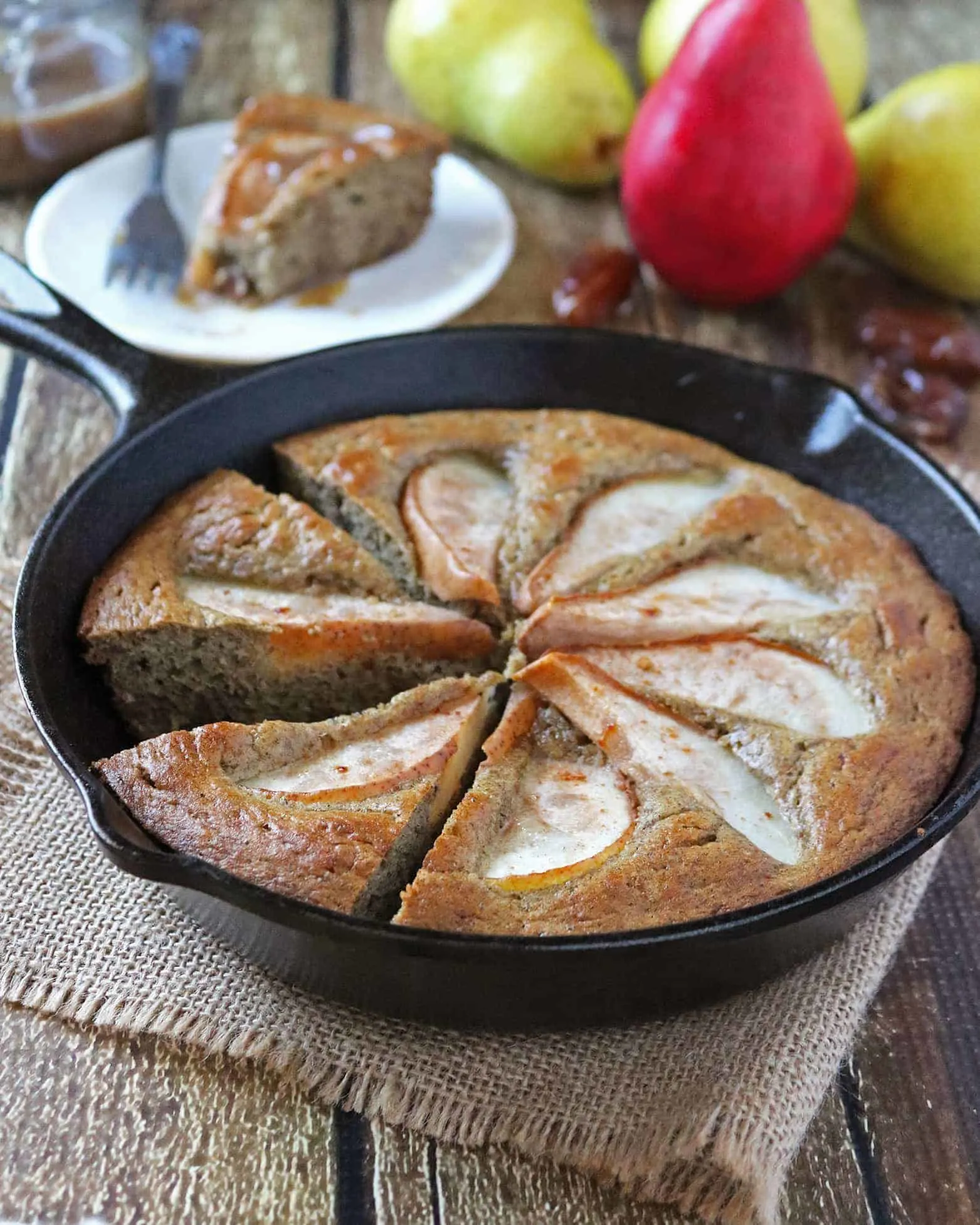 This Pear and Date Skillet Cake whips up in the Blender and is Gluten-Free, Refined Sugar-Free, and Dairy Free.