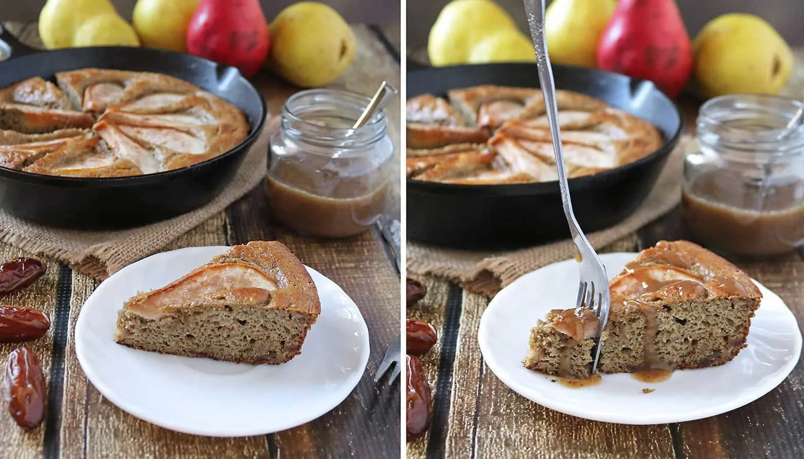 This Pear and Date Skillet Cake whips up in the Blender and is Gluten-Free, Refined Sugar-Free, and Dairy Free.