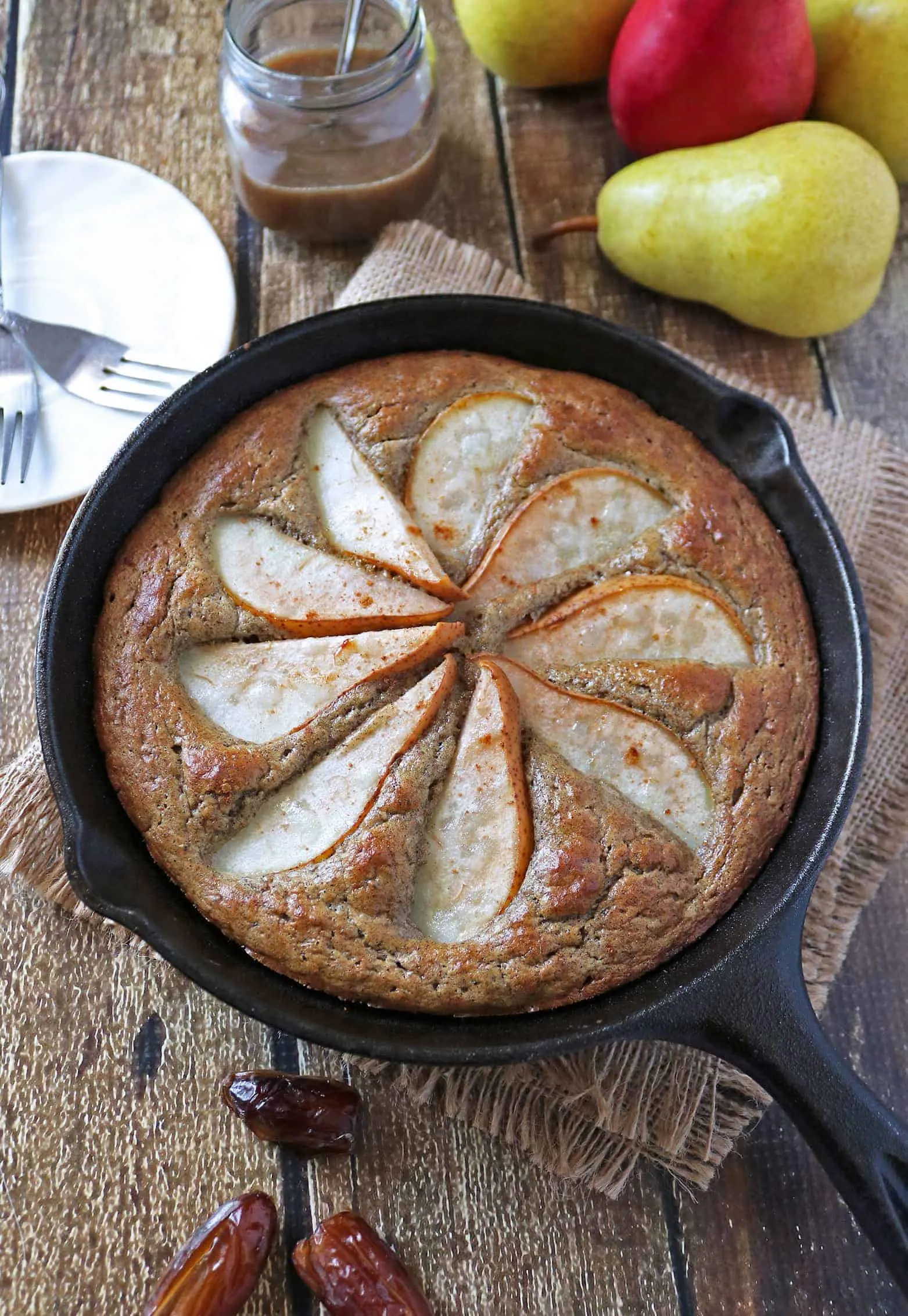 This Pear and Date Skillet Cake whips up in the Blender and is Gluten-Free, Refined Sugar-Free, and Dairy Free.