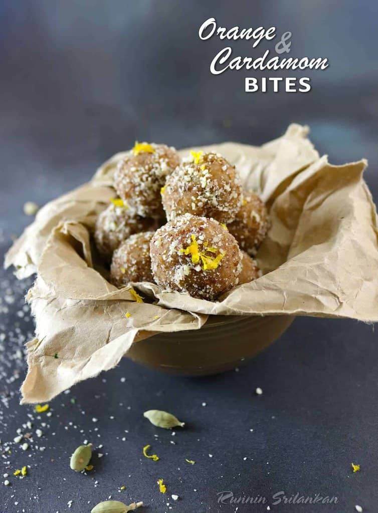 These Orange Cardamom Bites are gluten-free, dairy-free, and refined sugar-free are a wonderful no-bake. energizing snack - Recipe at RunninSrilankan.com