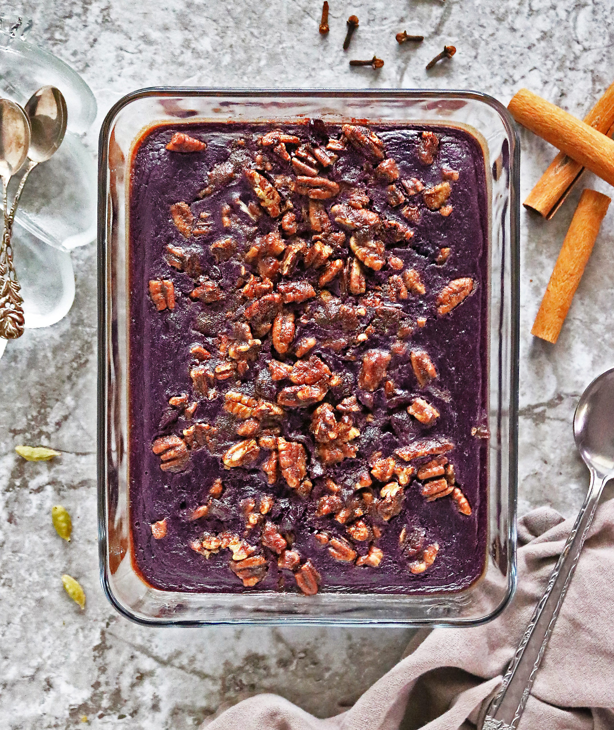 Dairy-free purple sweet potato souffle with cranberries.