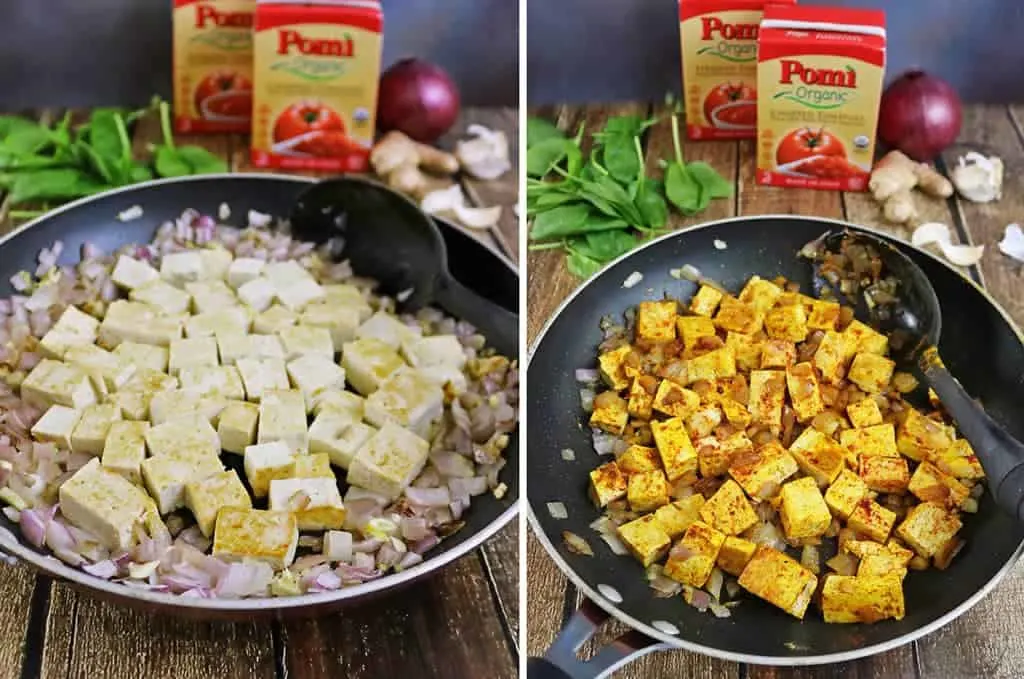 Pan Fried Tofu Curry with Tomatoes and Spinach