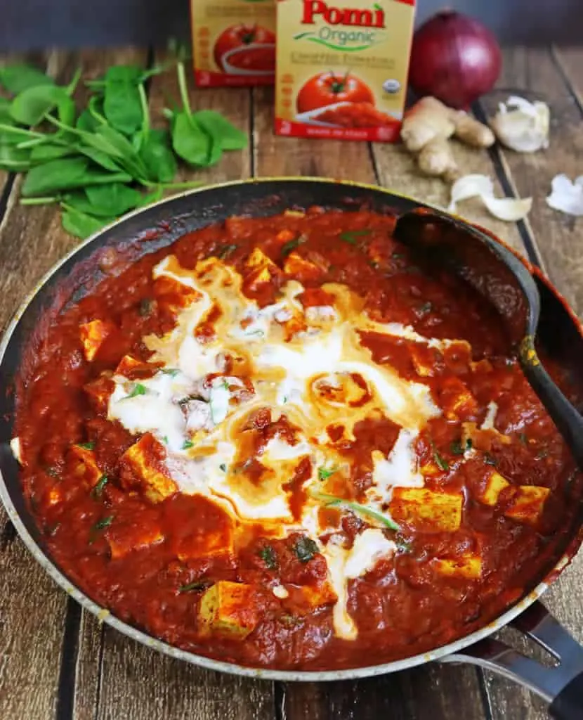 Pan Fried Tofu Curry with Tomatoes and Spinach