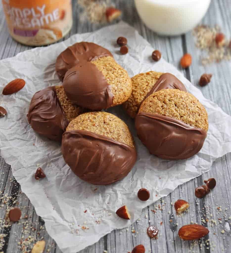 Chocolate Dipped Sesame Almond Breakfast Cookies