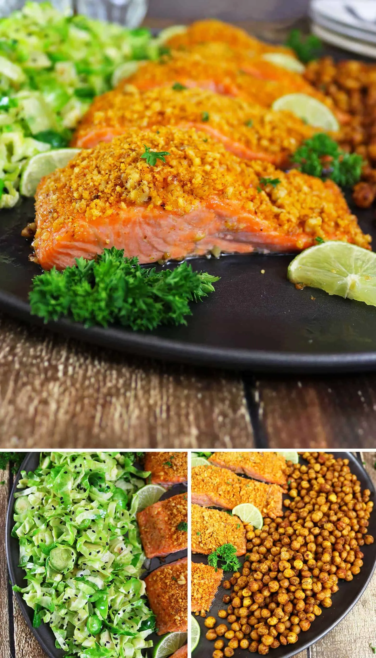 Walnut Encrusted Spicy Salmon with Roasted Chickpeas and Brussels Sprouts 