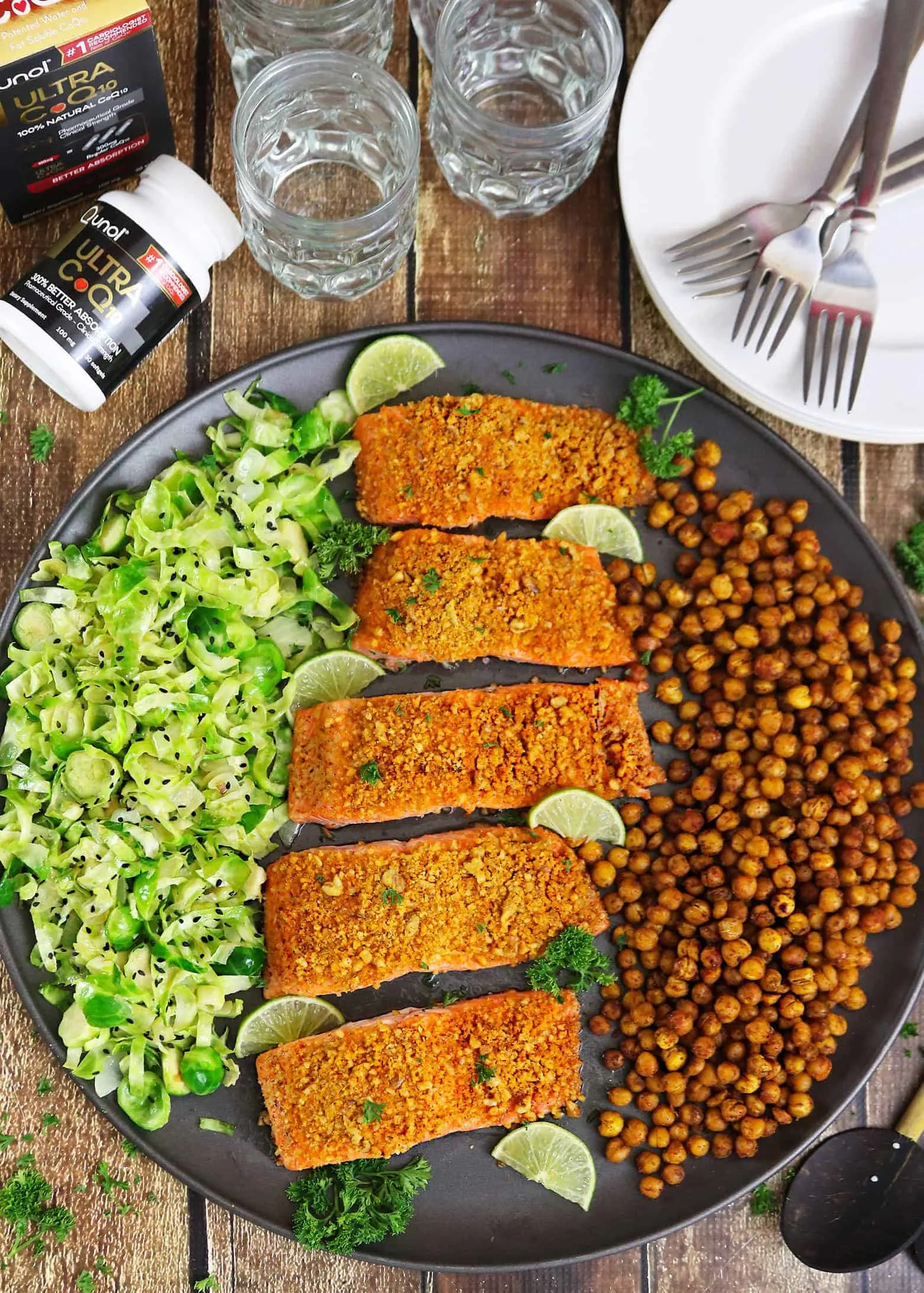 Walnut Encrusted Spicy Salmon with Roasted Chickpeas and Brussels Sprouts 