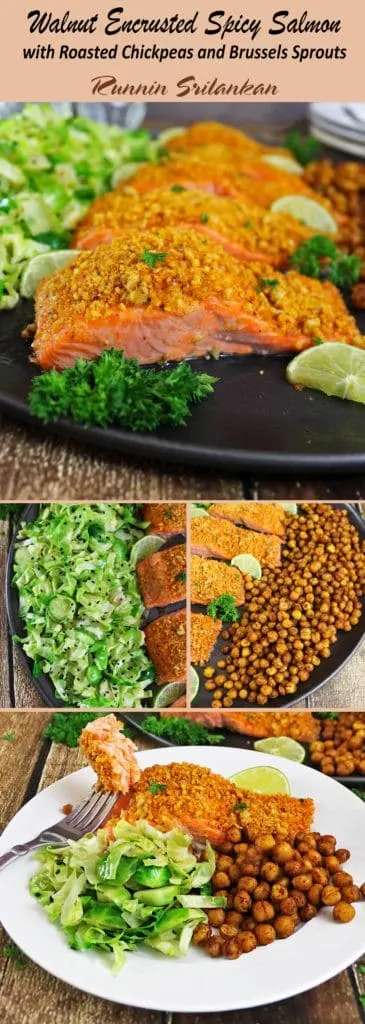 Walnut Encrusted Spicy Salmon with Roasted Chickpeas and Brussels Sprouts 