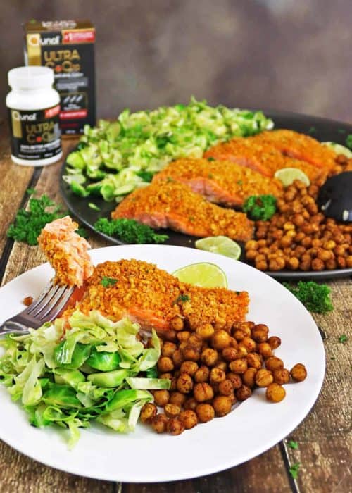 Walnut Encrusted Spicy Salmon with Roasted Chickpeas and Brussels Sprouts