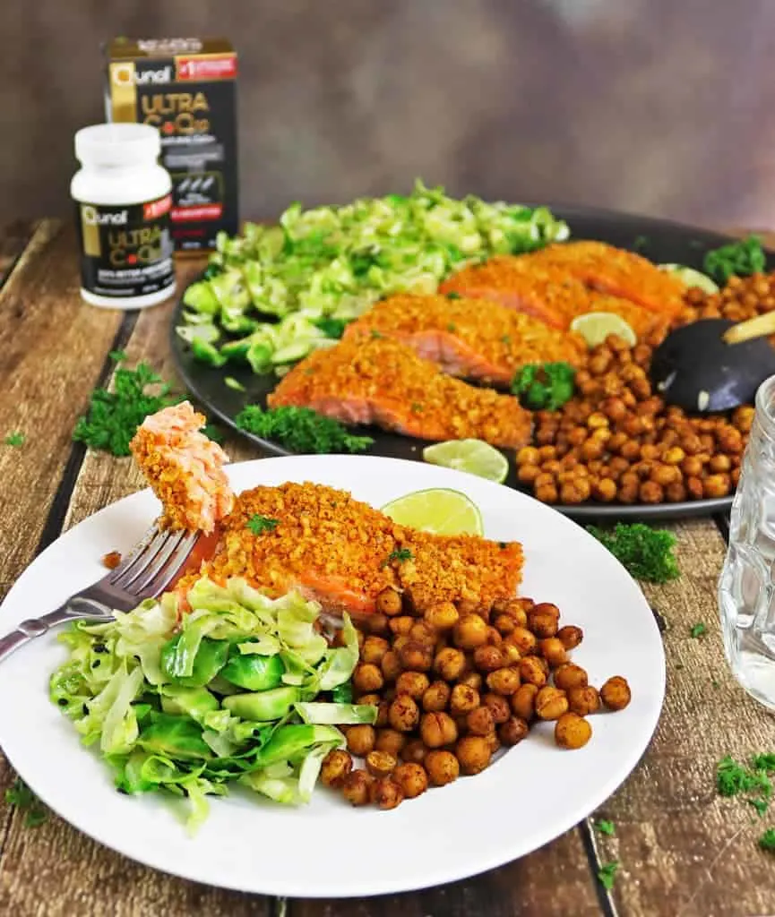 Walnut Encrusted Spicy Salmon with Roasted Chickpeas and Brussels Sprouts