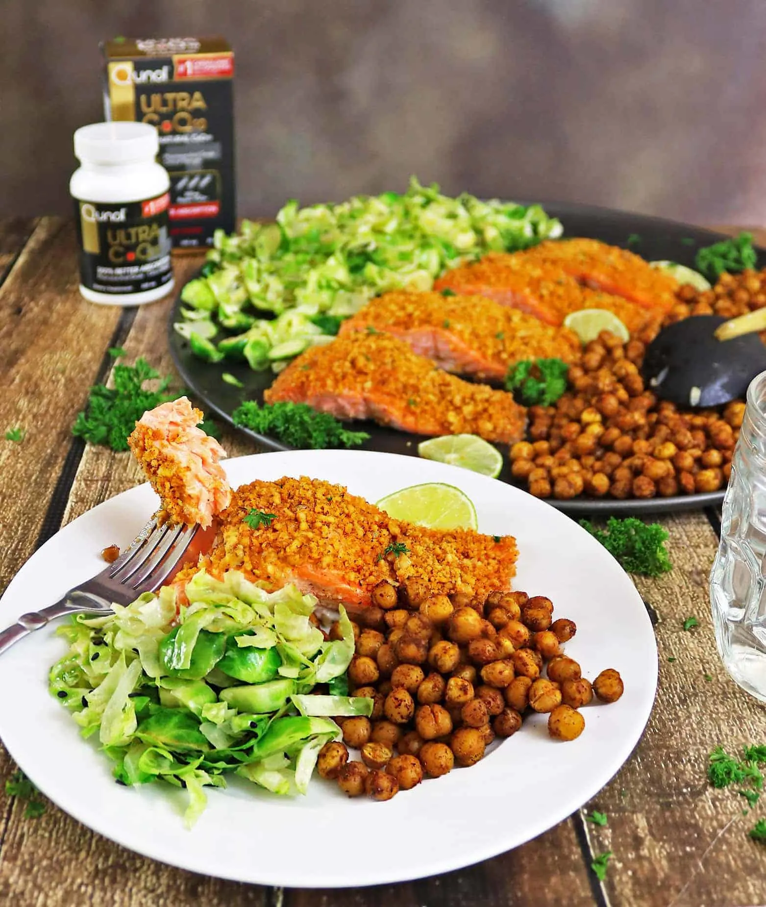 Walnut Encrusted Spicy Salmon with Roasted Chickpeas and Brussels Sprouts 