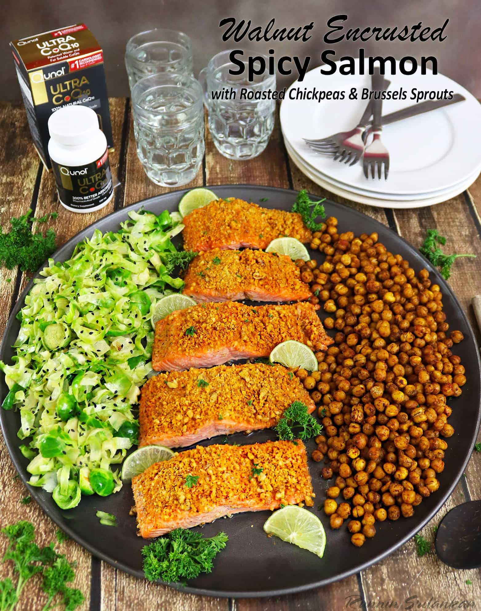Walnut Encrusted Spicy Salmon with Roasted Chickpeas and Brussels Sprouts 