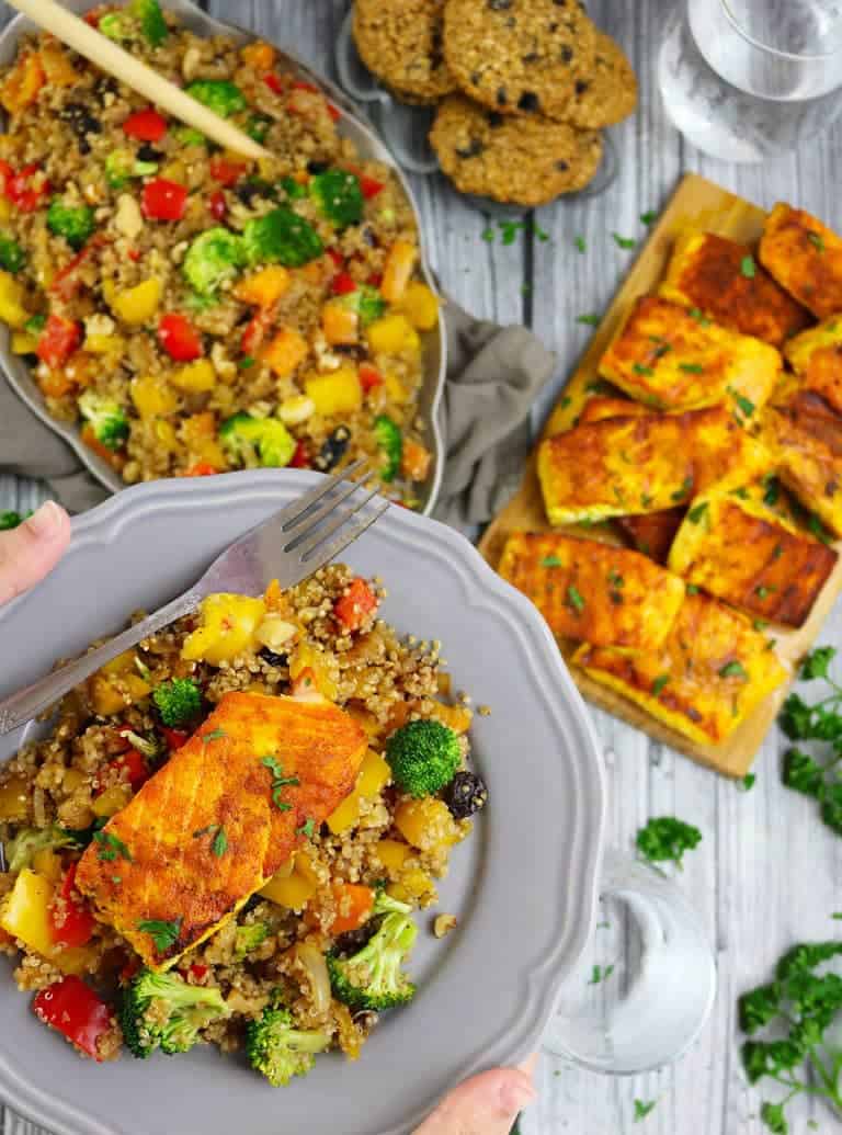 Turmeric Salmon • Warm Veggie Quinoa Salad • Blueberry Oatmeal Cookies