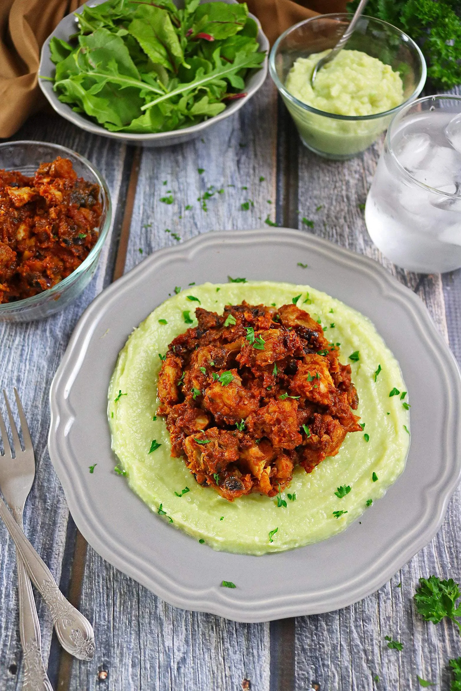 Curried Salted Cod with Avocado Potato Puree