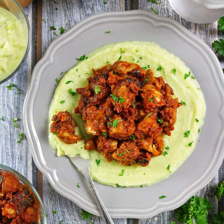 Curried Salted Cod with Avocado Potato Puree