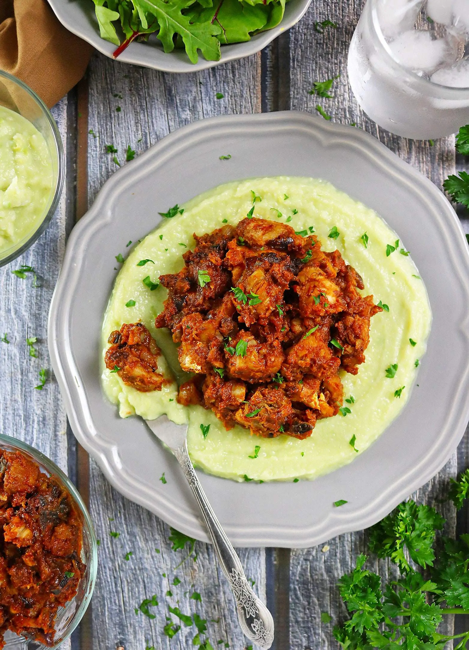 Curried Salted Cod with Avocado Potato Puree