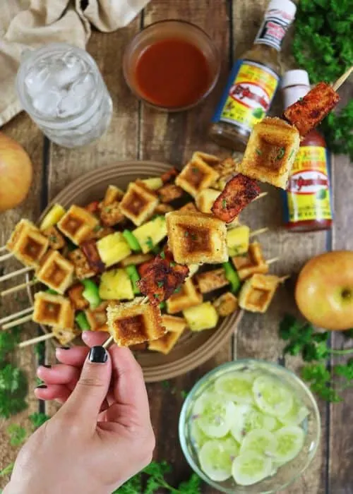 Pan Fried Tofu And Waffle Skewers