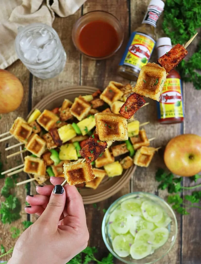 Waffles And Pan Fried Tofu Skewer