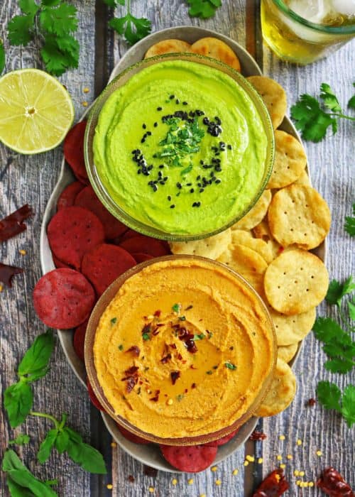 Tomato Basil Hummus Dip & Green Goddess Hummus Dip