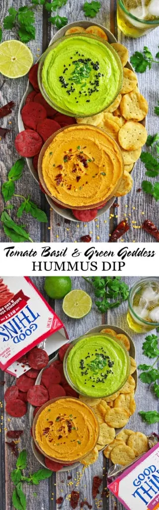Tomato Basil Hummus Dip Green Goddess Hummus Dip #TrySomeTHINGood