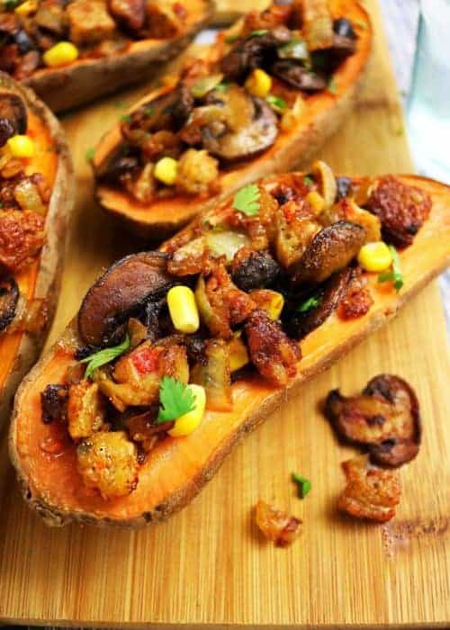 Spicy Veggie Burger Stuffed Sweet Potatoes