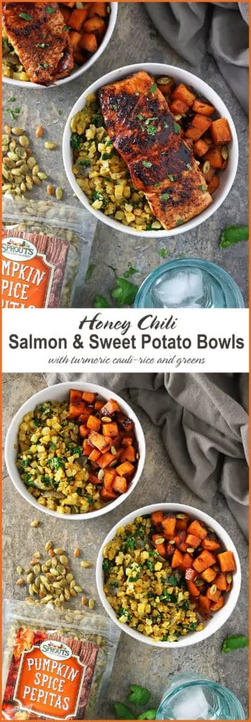 30 Minute Honey Chili Salmon And Sweet Potato Bowls Inspired by #HelloSprouts Retreat Chopped Contest