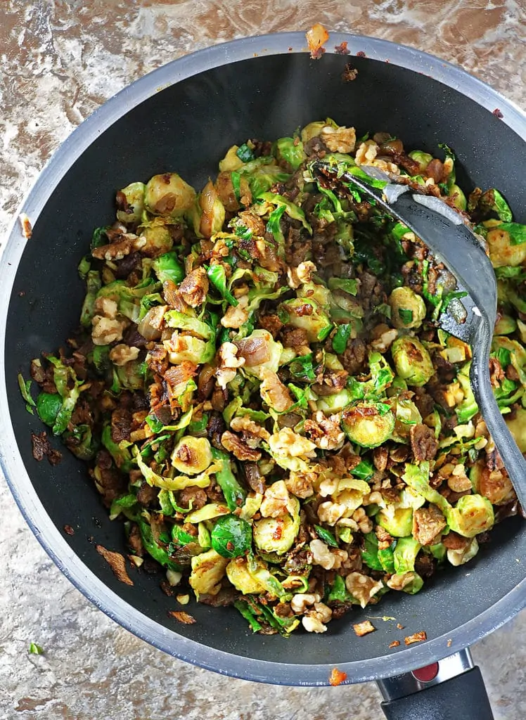 BrusselsSprouts MorningStar Farms Grillers Crumbles Walnuts Prep
