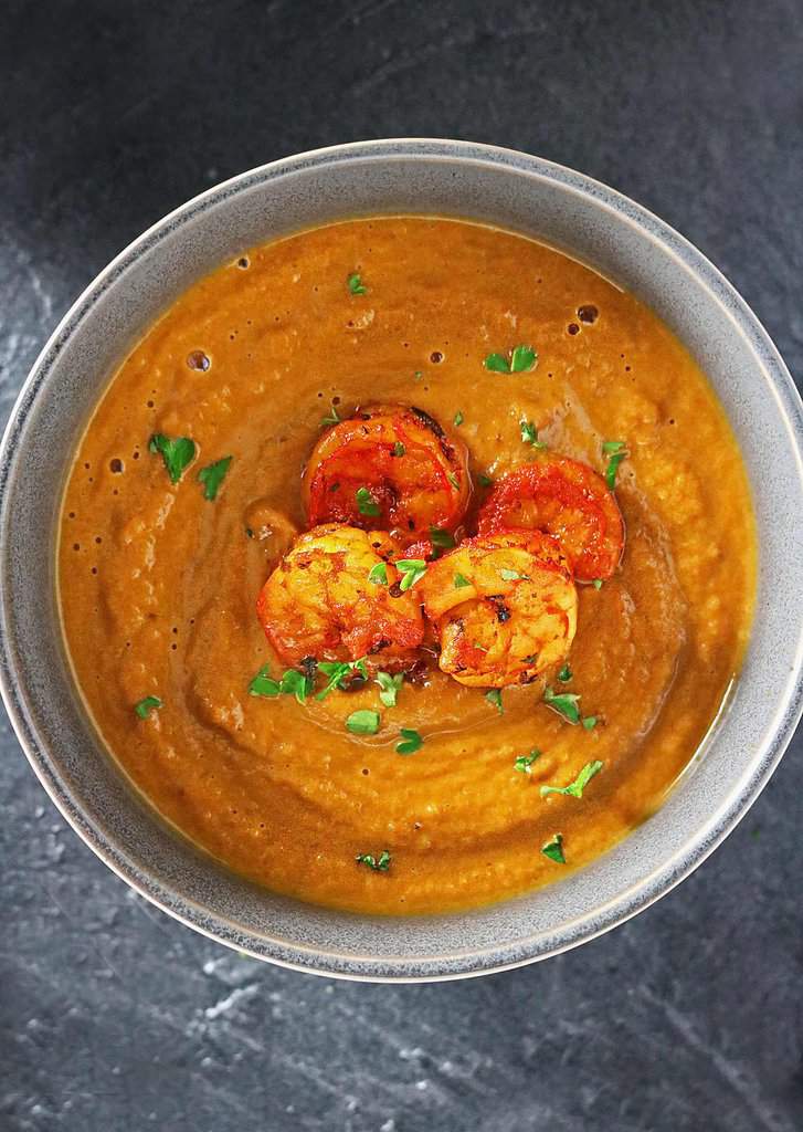 Curried Butternut Squash Soup And Spicy Shrimp